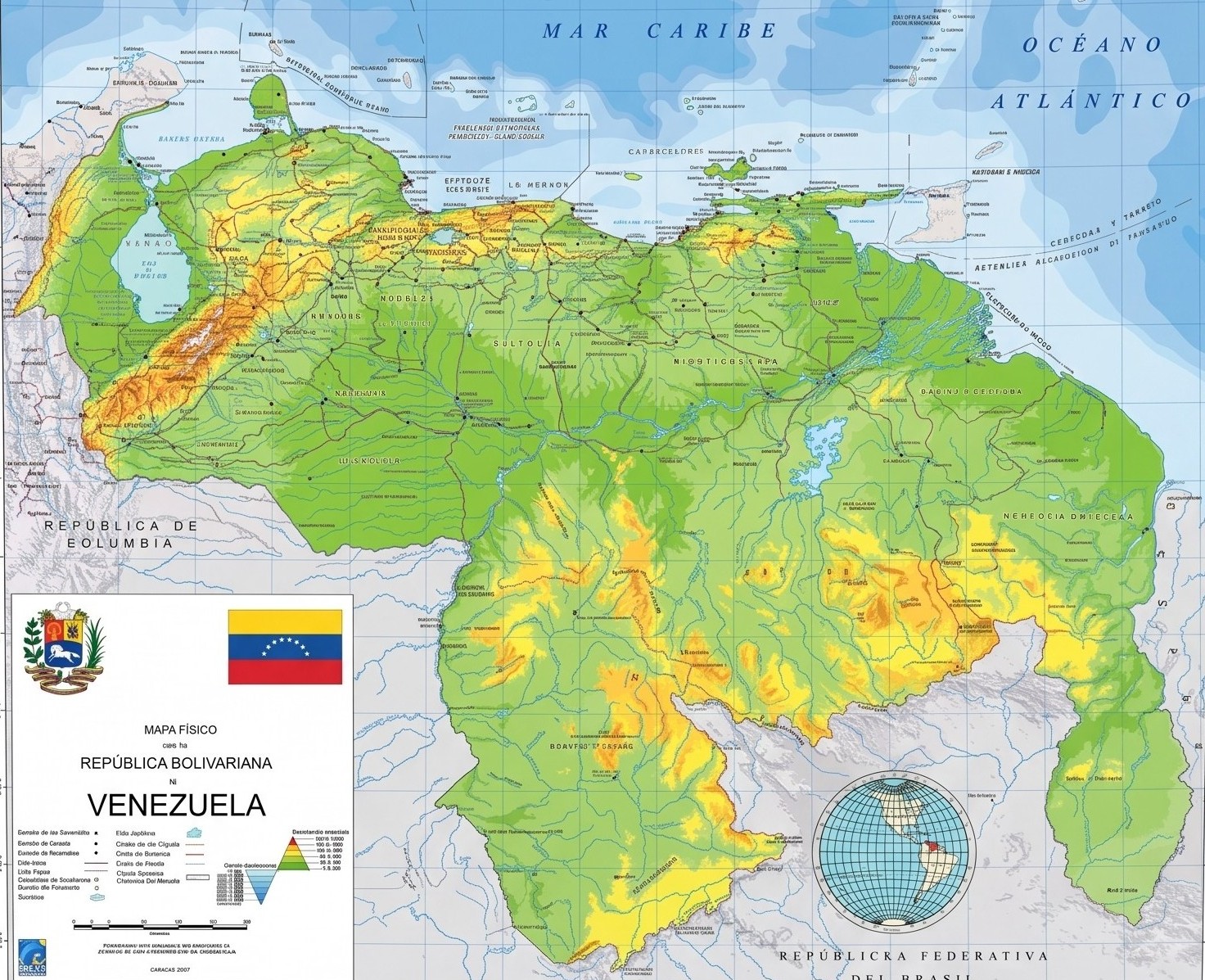 Physical map of the Bolivarian Republic of Venezuela